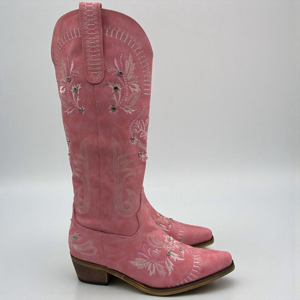 Wide Calf Pink Embroidered Rhinestone Cowboy Boots Knee High Snip Toe 8.5 NWB - Picture 10 of 16